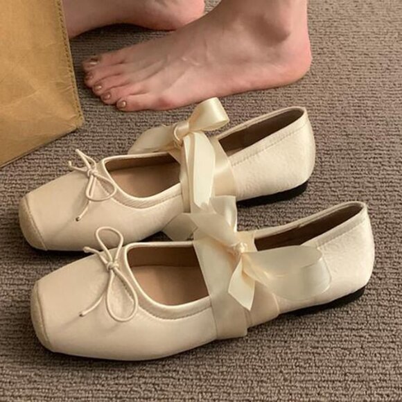 Women Beige Canvas Lace Up Ankle Strap Floral Dressy Ballet Flats Shoes - Picture 3 of 6